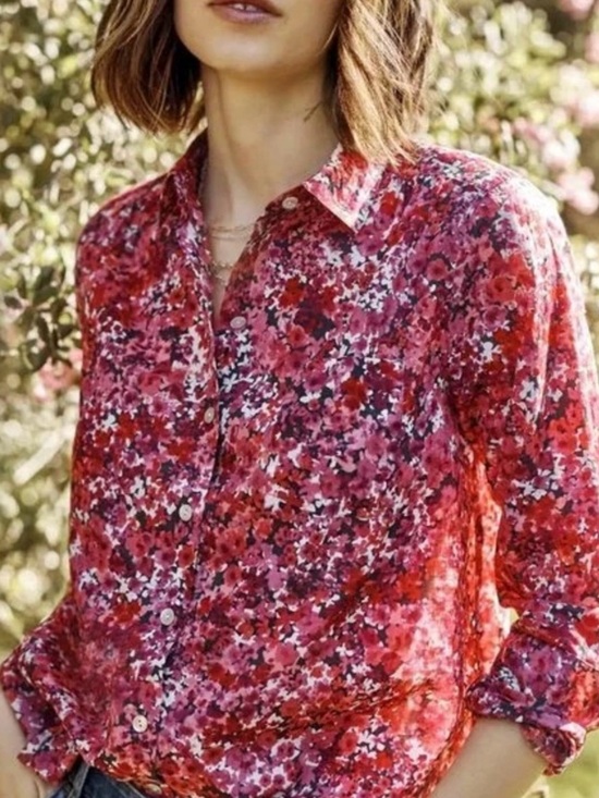 J. Jill Tops - J Jill Floral Long Sleeve Button Up Cotton Voile Blouse Shirt Pink Red L